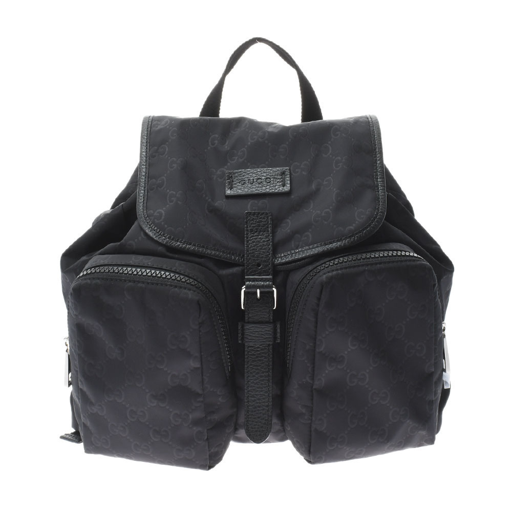 Gucci Backpack Outlet Black Silver Hardware GG Nylon Leather Rucksack Daypack